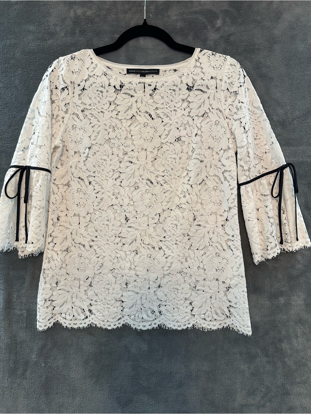 White House Black Market White Lace Blouse with Black Tie Accents
